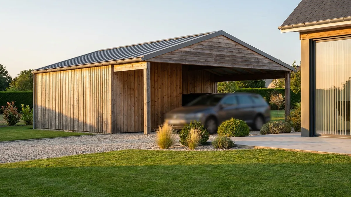 Carport bois deux places en mélèze grisé naturel, couverture bac acier, emprise au sol 5,50 m par 5,00 m