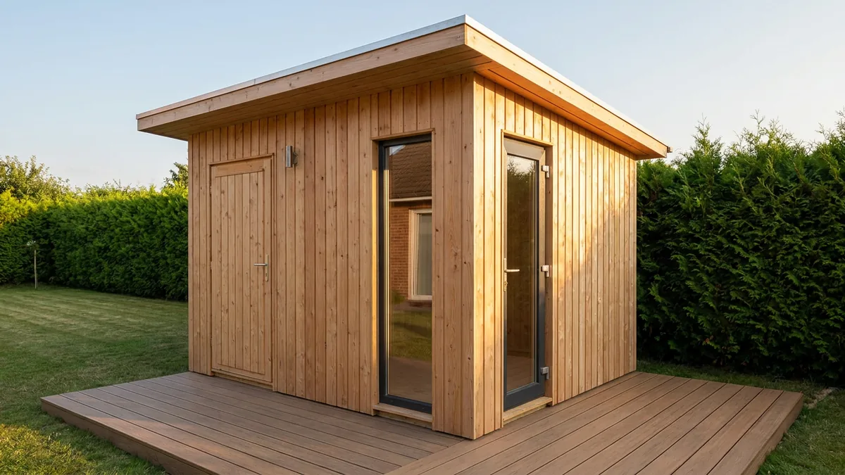 Studio de jardin en ossature bois de 19 m² avec bardage douglas, vue de trois quarts sur terrain plat